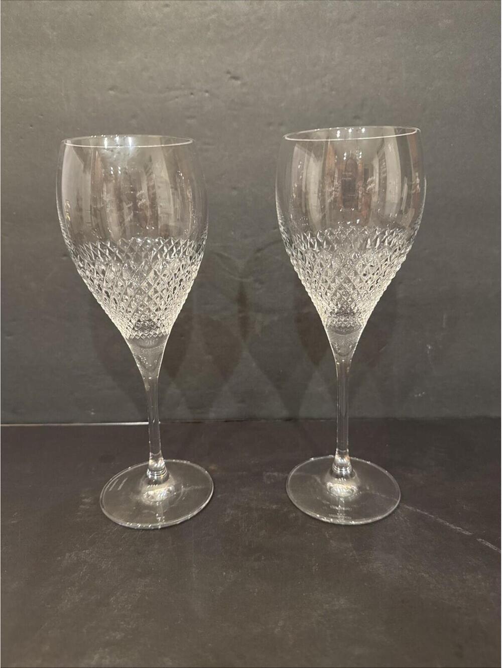 (2) Vera Wang Wedgwood Diamond Mosaic Wine Goblet Crystal Glasses 8 5/8” H X 3”